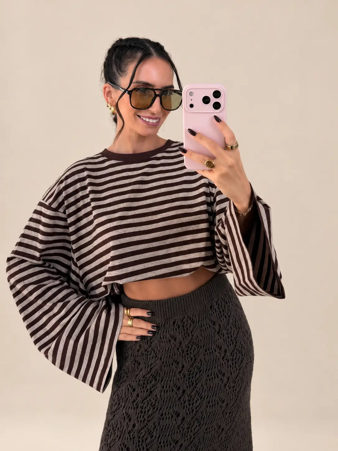 Striped longsleeve women’s in espresso, closeup with brown crochet skirt | Lisa’s Boutique