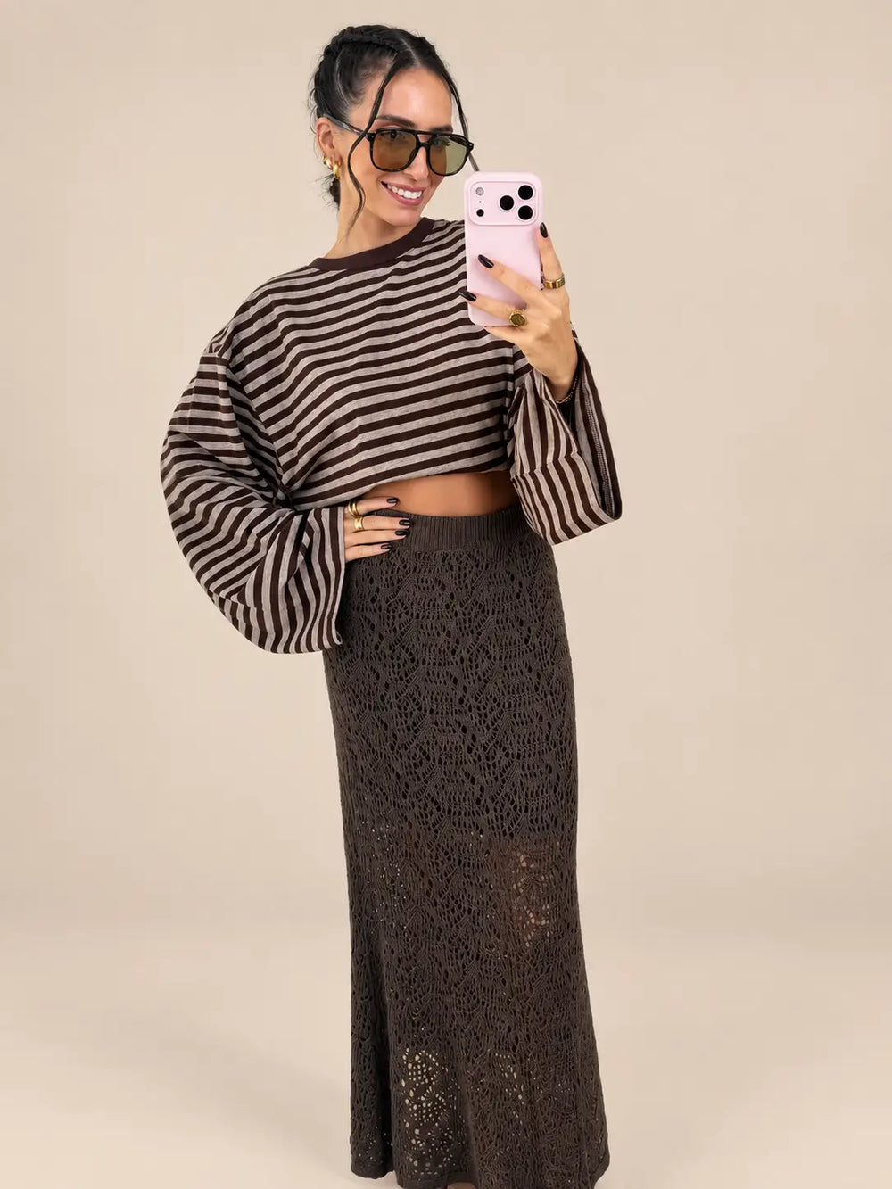 Striped longsleeve women’s in espresso, full length look with brown crochet skirt | Lisa’s Boutique
