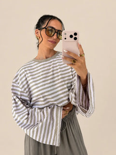 Gestreiftes Longsleeve Damen in Rosa, Nahaufnahme am Model | Lisa’s Boutique