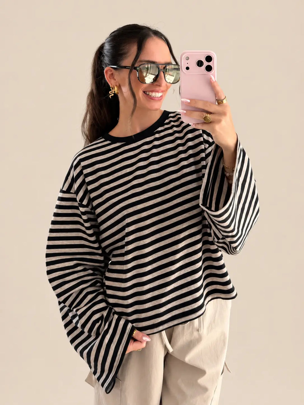Women’s striped long sleeve top in Black in an oversize cut | Lisa’s Boutique