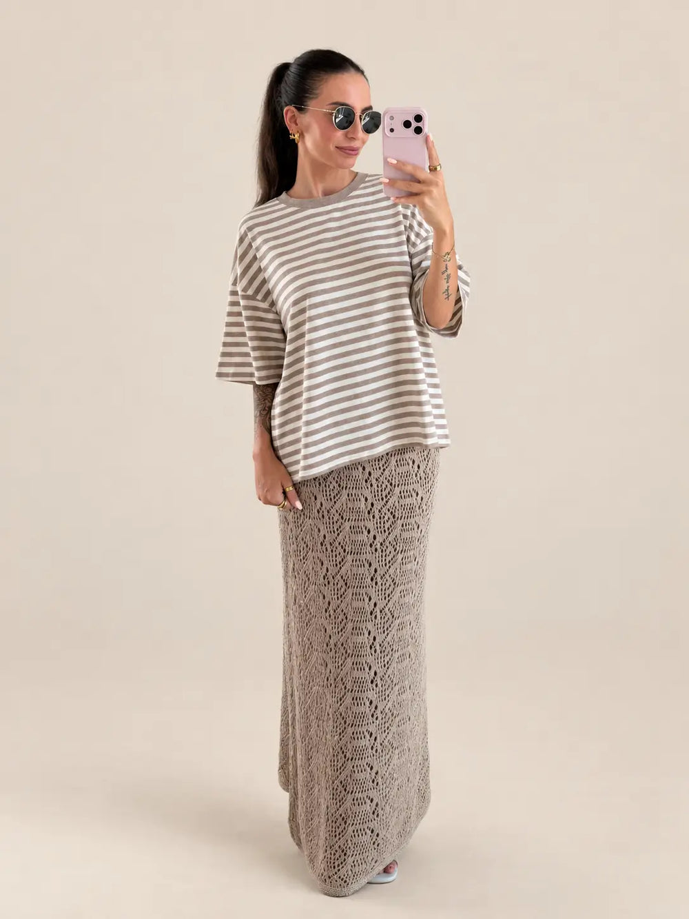 Gestreiftes Shirt Damen in Beige, Detailansicht | Lisa’s Boutique