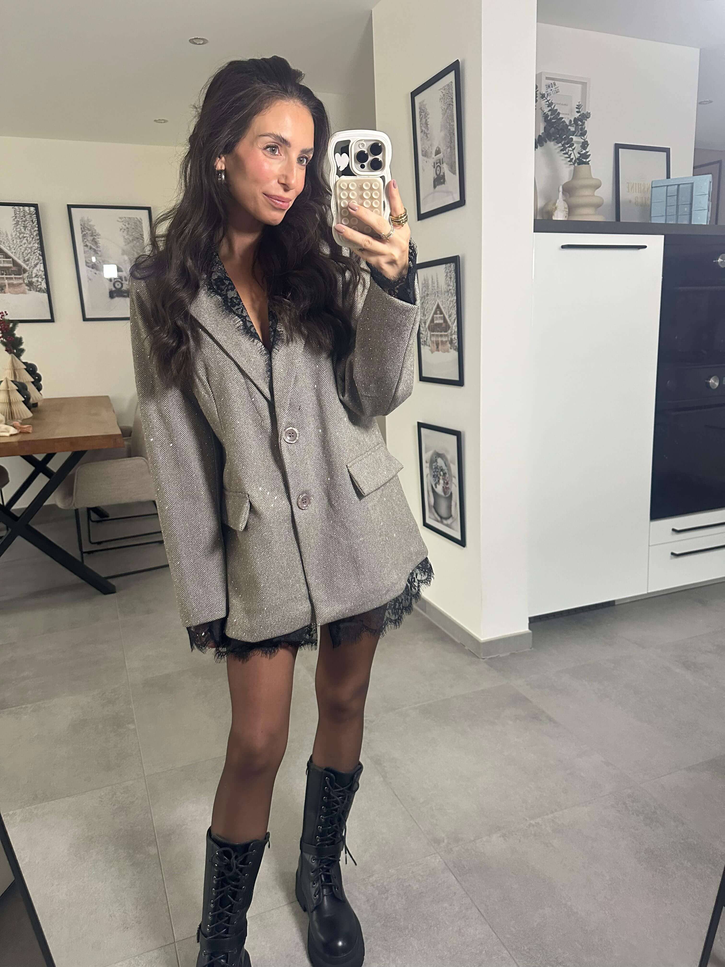 Glitzer-Blazer mit Spitzendetails in Grau Blazer Lisas Boutique 