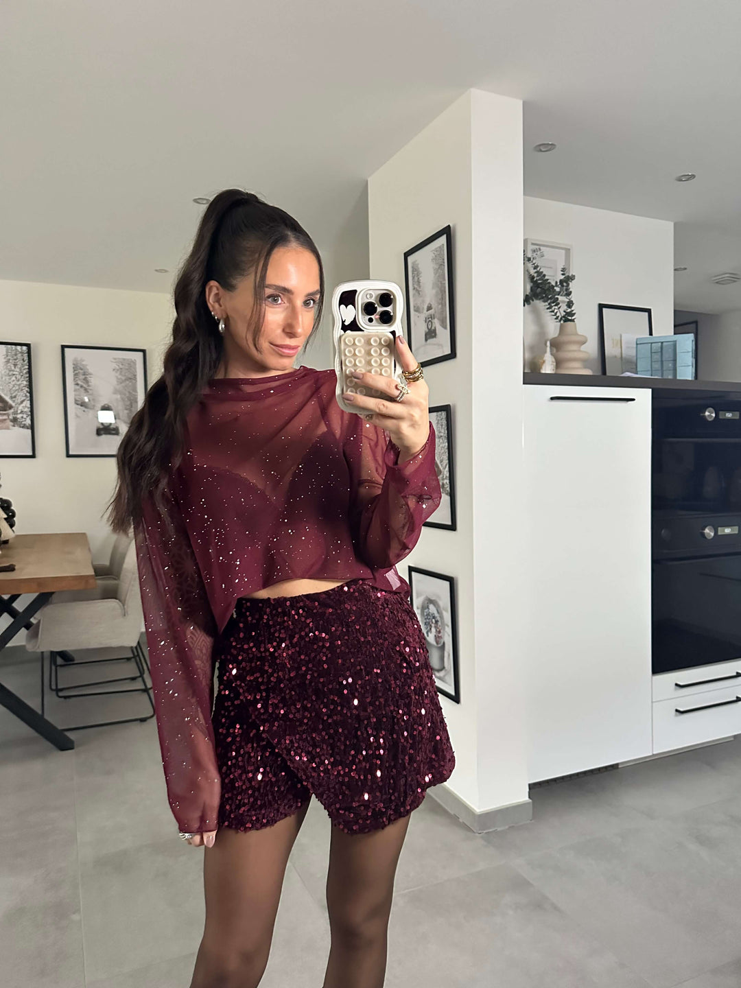 Glitzer-Mesh-Bluse Glitzer Bordeaux Bluse Lisas Boutique 