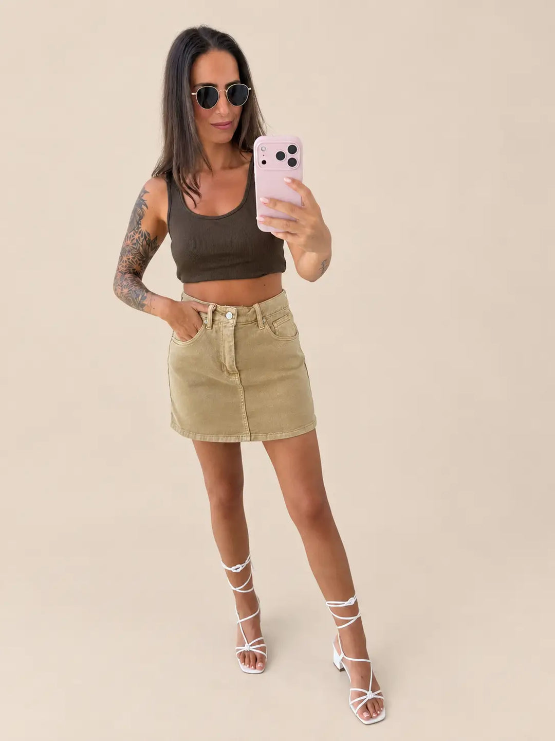Gonna pantalone di jeans donna color cammello, vista di dettaglio | Lisa’s Boutique