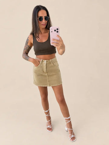 Gonna pantalone di jeans donna color cammello, vista di dettaglio | Lisa’s Boutique