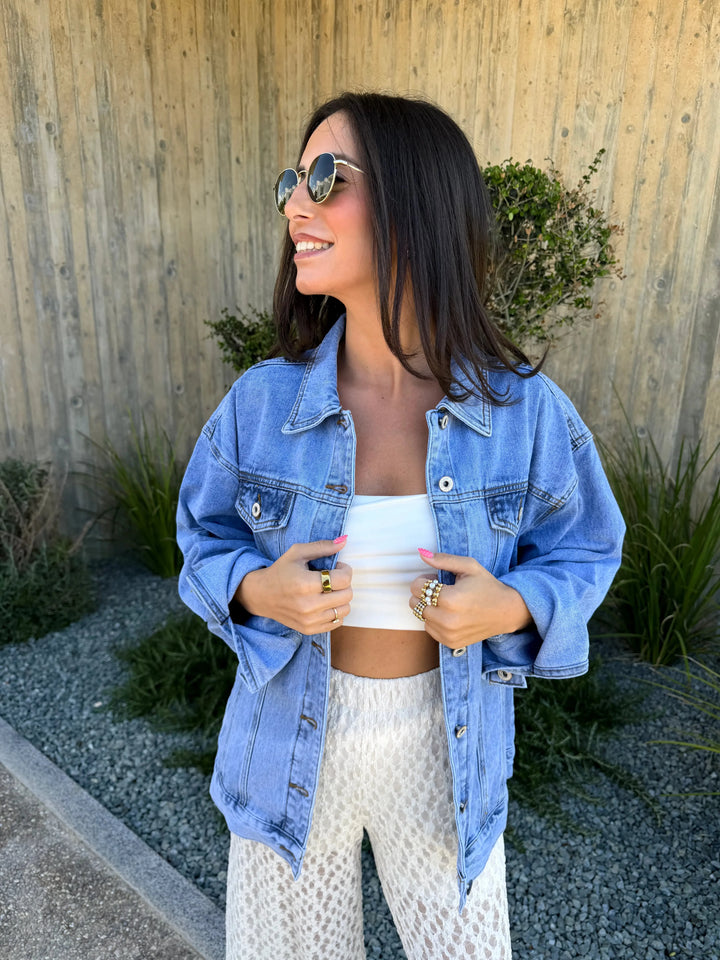Jeansjacke mit Palmenprint – Blau Jacke Lisas Boutique 