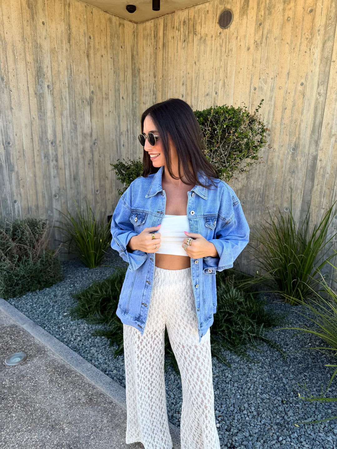 Jeansjacke mit Palmenprint – Blau Jacke Lisas Boutique 
