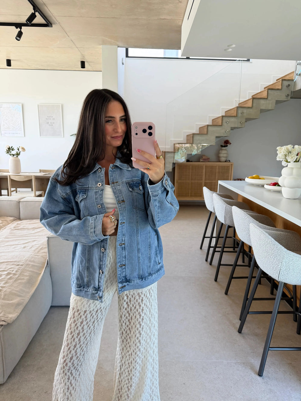 Jeansjacke mit Palmenprint – Blau Jacke Lisas Boutique 