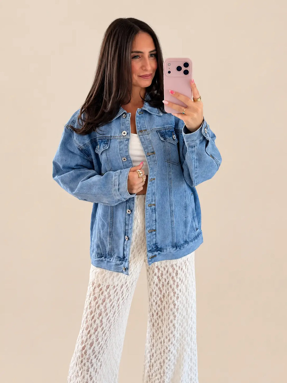 Jeansjacke Damen in Blau mit Palmenprint, Vorderansicht | Lisa’s Boutique