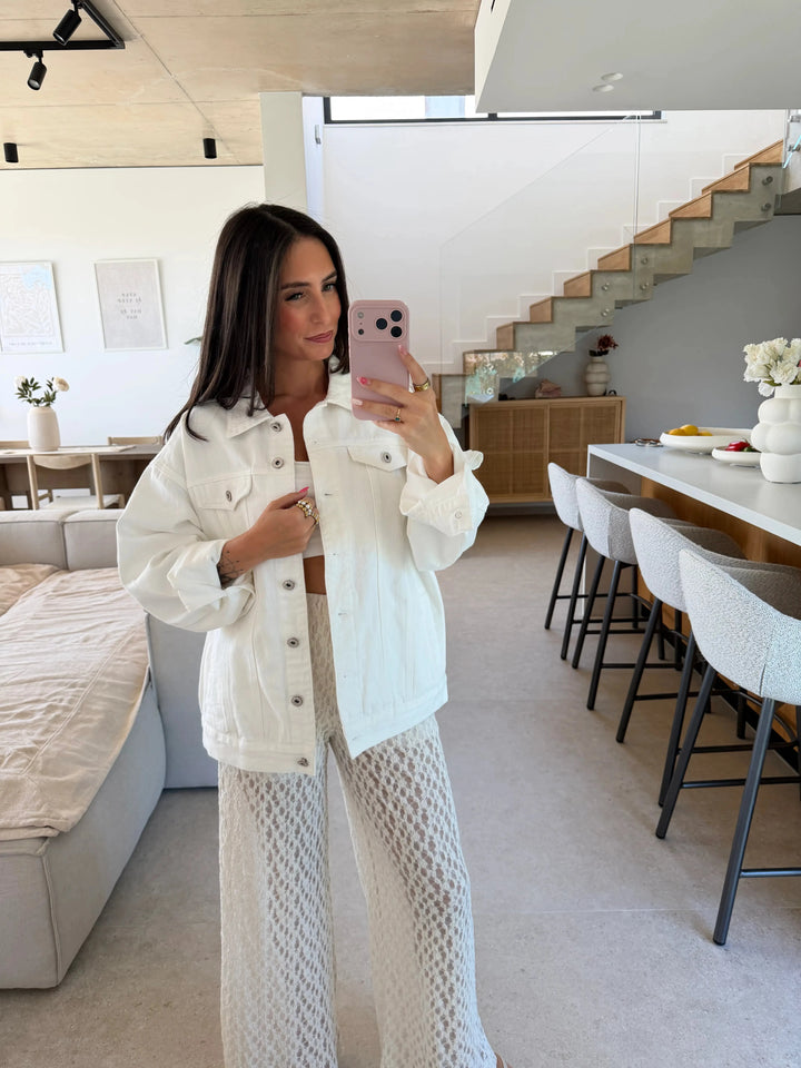 Jeansjacke mit Palmenprint – Weiß Jacke Lisas Boutique 
