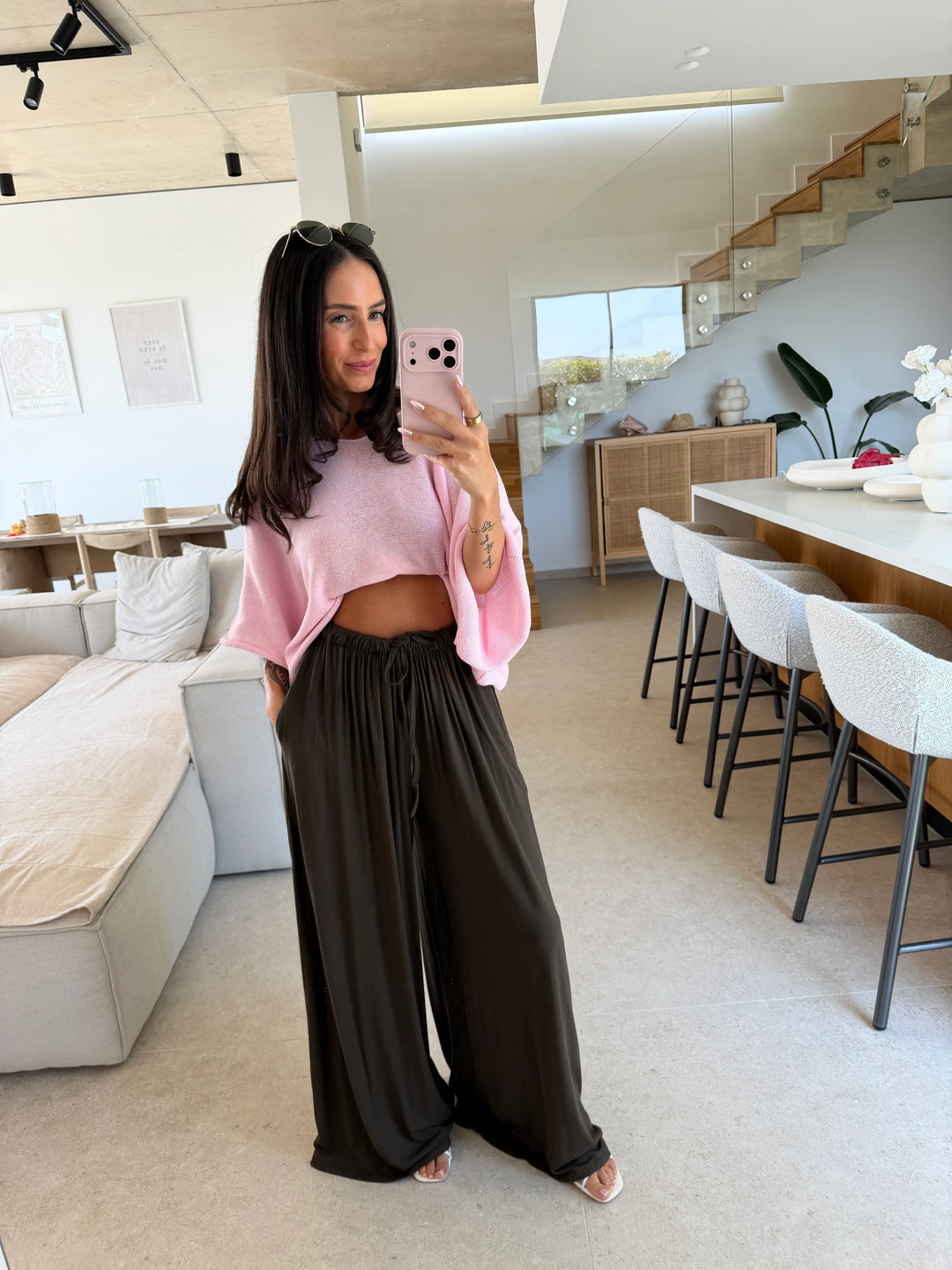 Jersey Stoffhose Damen in Braun mit weitem Bein und elastischem Bund mit Bindeband | Lisa’s Boutique