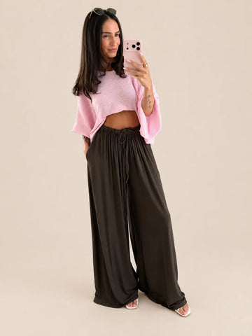 Women’s jersey trousers in Brown with wide legs and an elastic drawstring waist | Lisa’s Boutique