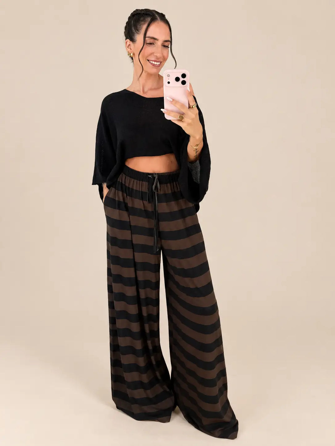 Jersey Stoffhose Damen in Braun/Schwarz, weiter Beinschnitt | Lisa’s Boutique