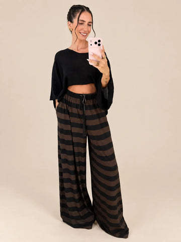 Pantalones de jersey de rayas mujer en marrón y negro, pernera ancha | Lisa’s Boutique