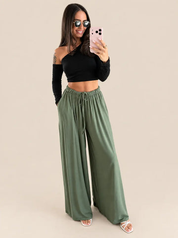Women’s jersey trousers in Khaki with wide legs and an elastic drawstring waist | Lisa’s Boutique
