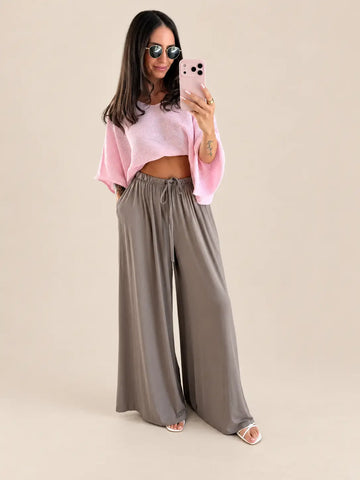 Jersey Stoffhose Damen in Taupe mit weitem Bein und Bindebund | Lisa’s Boutique