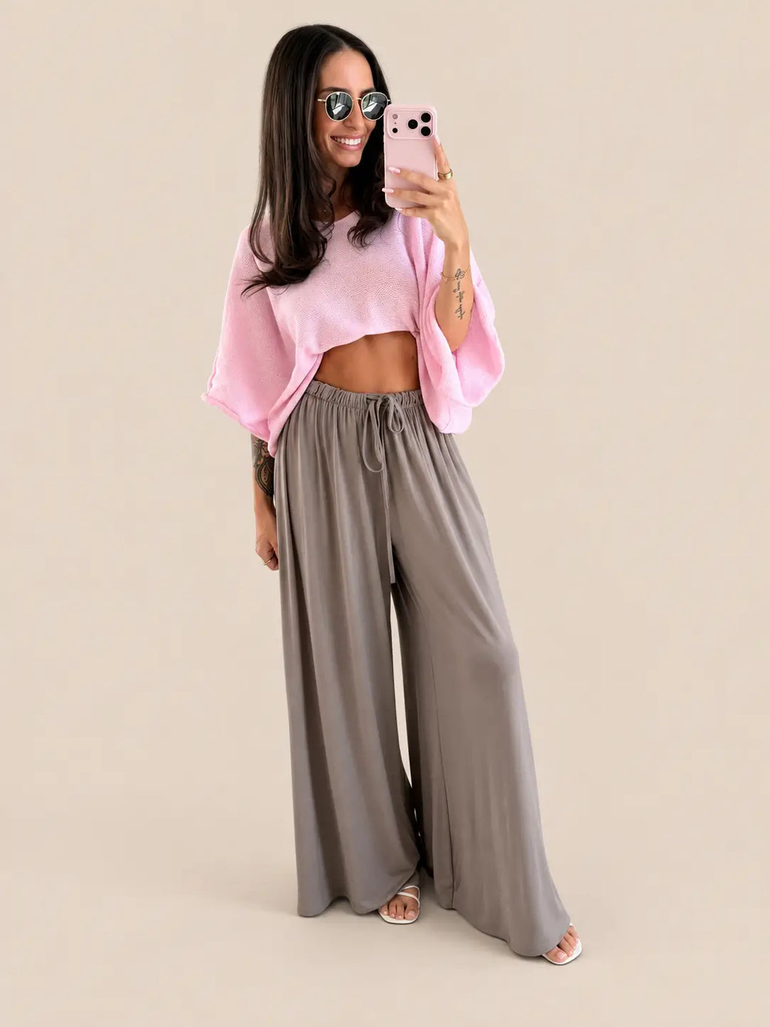 Jersey Stoffhose Damen in Taupe mit weitem Bein und elastischem Bund mit Bindeband | Lisa’s Boutique