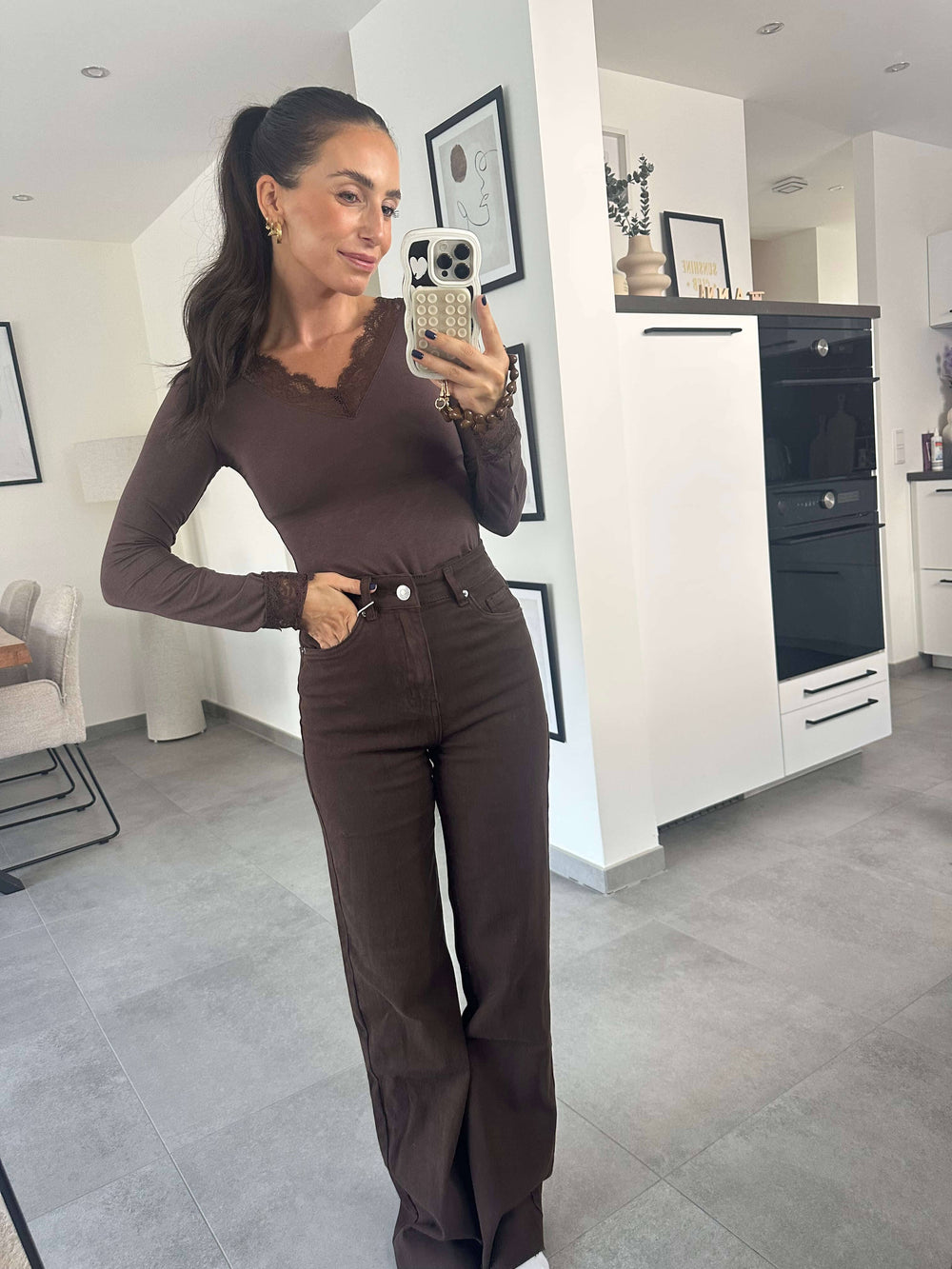 Langarmshirt Braun – Shirt mit Spitze Pullover Lisas Boutique 