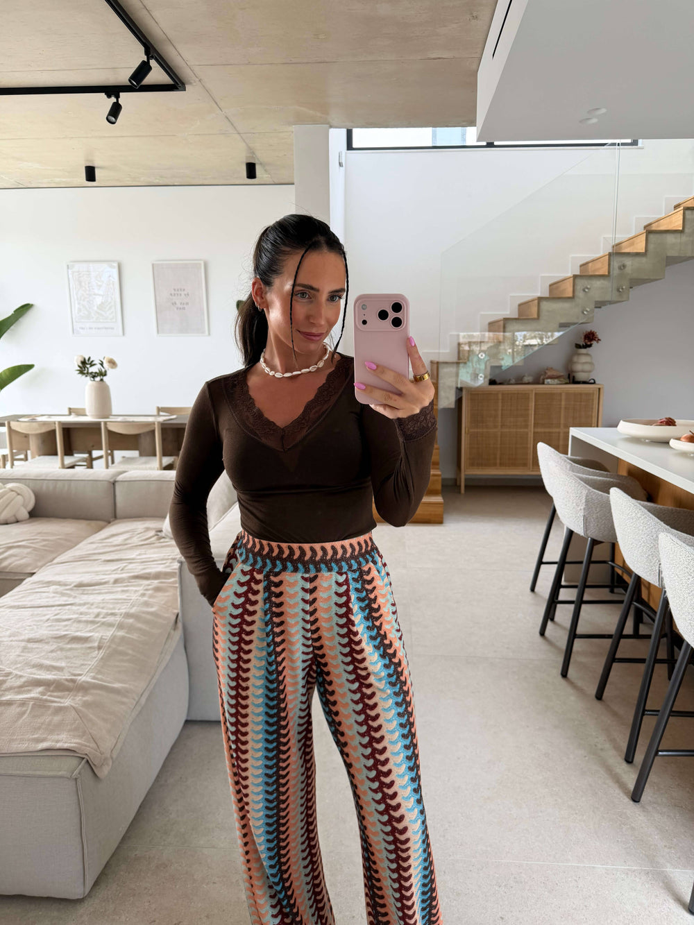 Langarmshirt mit Spitze - Braun Pullover Lisas Boutique 