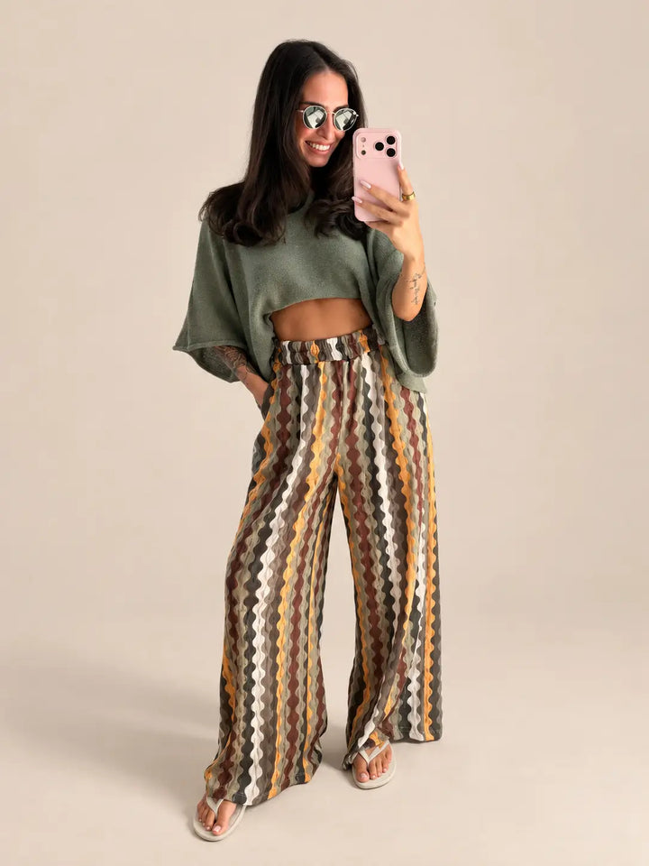 Women’s patterned trousers in Khaki with a wave print and a cropped sweater | Lisa’s Boutique