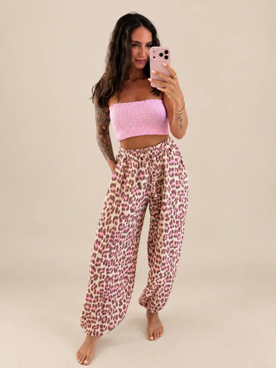 Pantalon léopard en gaze de coton – Beige
