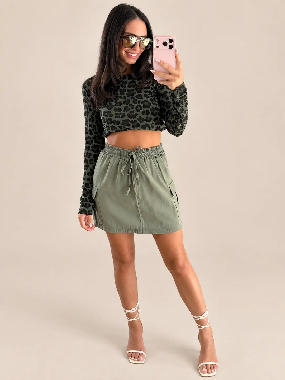 Women’s leopard long sleeve top in Khaki with a matching cargo skirt | Lisa’s Boutique