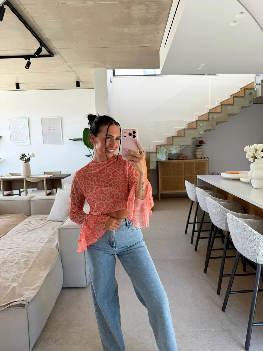 Leopard Mesh Langarmshirt - Apricot Langarm Lisas Boutique 