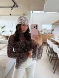Leopard Mesh Langarmshirt - Braun