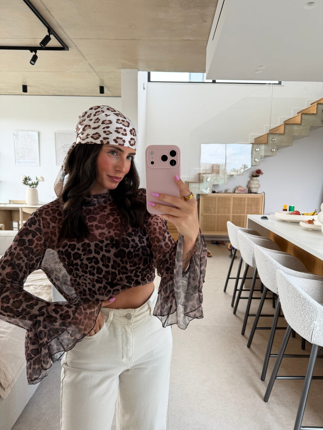 Leopard Mesh Langarmshirt - Braun Langarm Lisas Boutique 