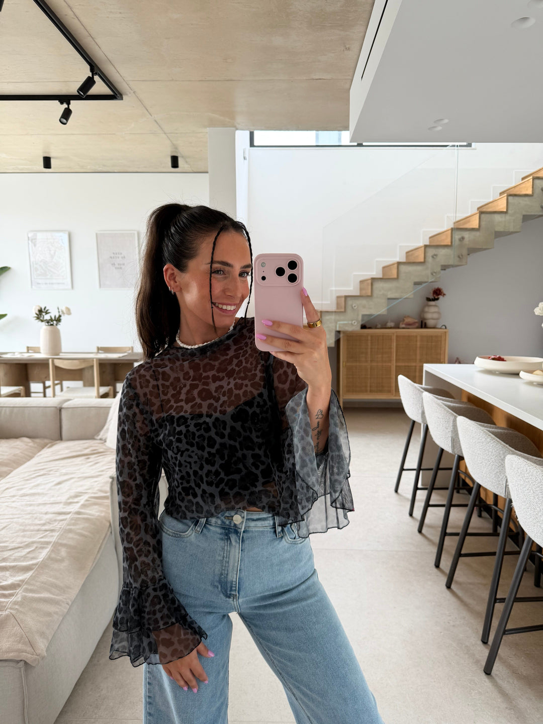 Leopard Mesh Langarmshirt - Schwarz Langarm Lisas Boutique 