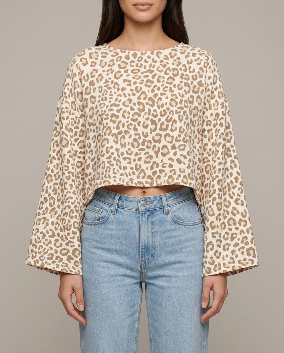 Leopard Musselin Langarmshirt Beige Seitenansicht | Lisa’s Boutique