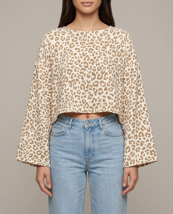 Leopard Musselin Langarmshirt Beige Seitenansicht | Lisa’s Boutique