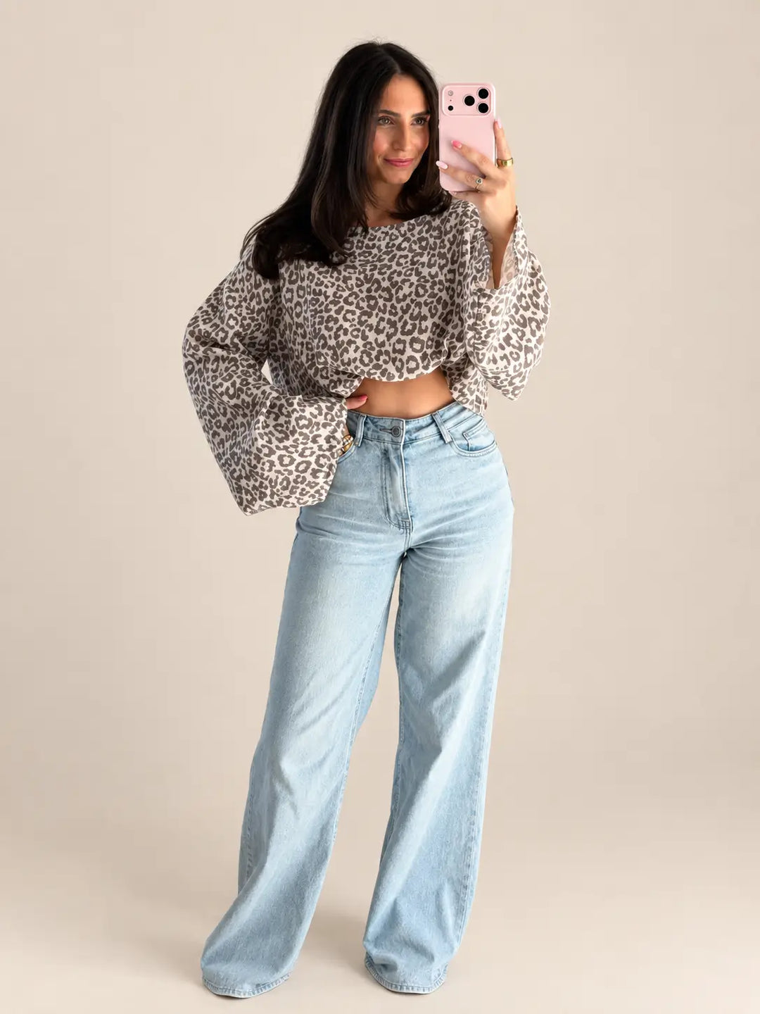Women’s leopard print muslin long sleeve top in Beige | Lisa’s Boutique