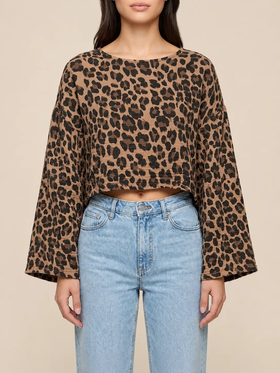 Women’s leopard print muslin long sleeve top in Brown, side view | Lisa’s Boutique