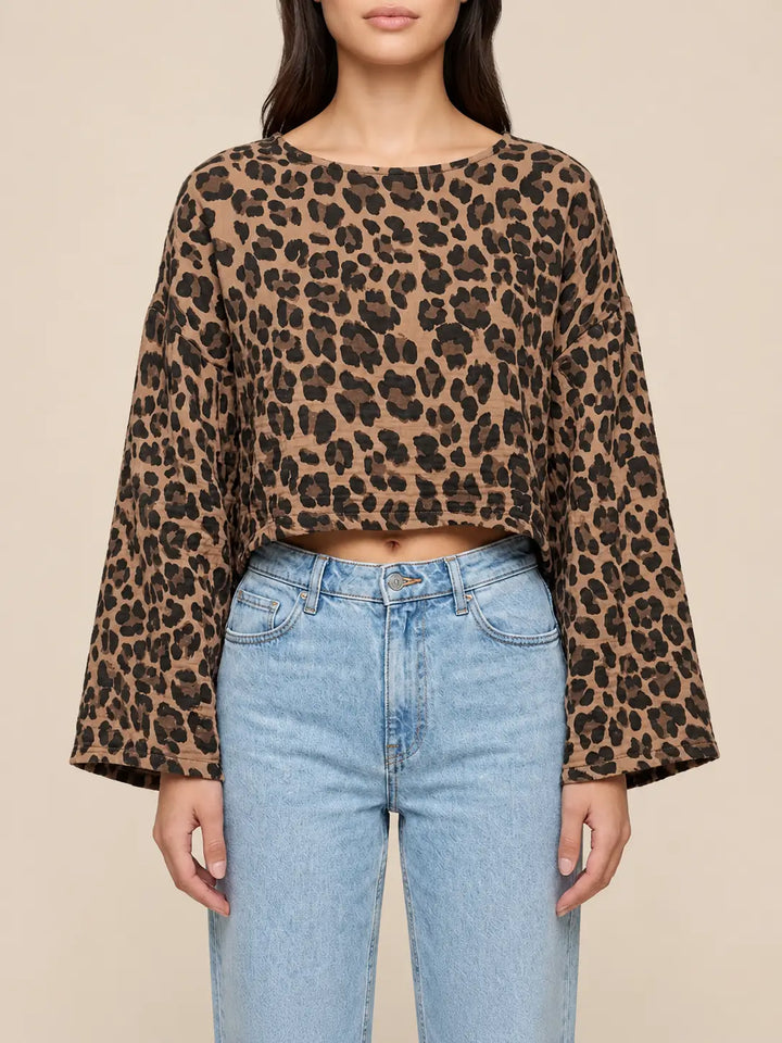 Women’s leopard print muslin long sleeve top in Brown, side view | Lisa’s Boutique