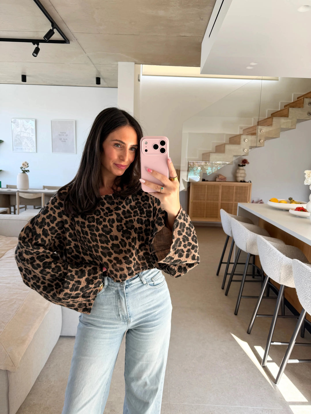 Leopard Musselin Langarmshirt – Braun Langarm Lisas Boutique 