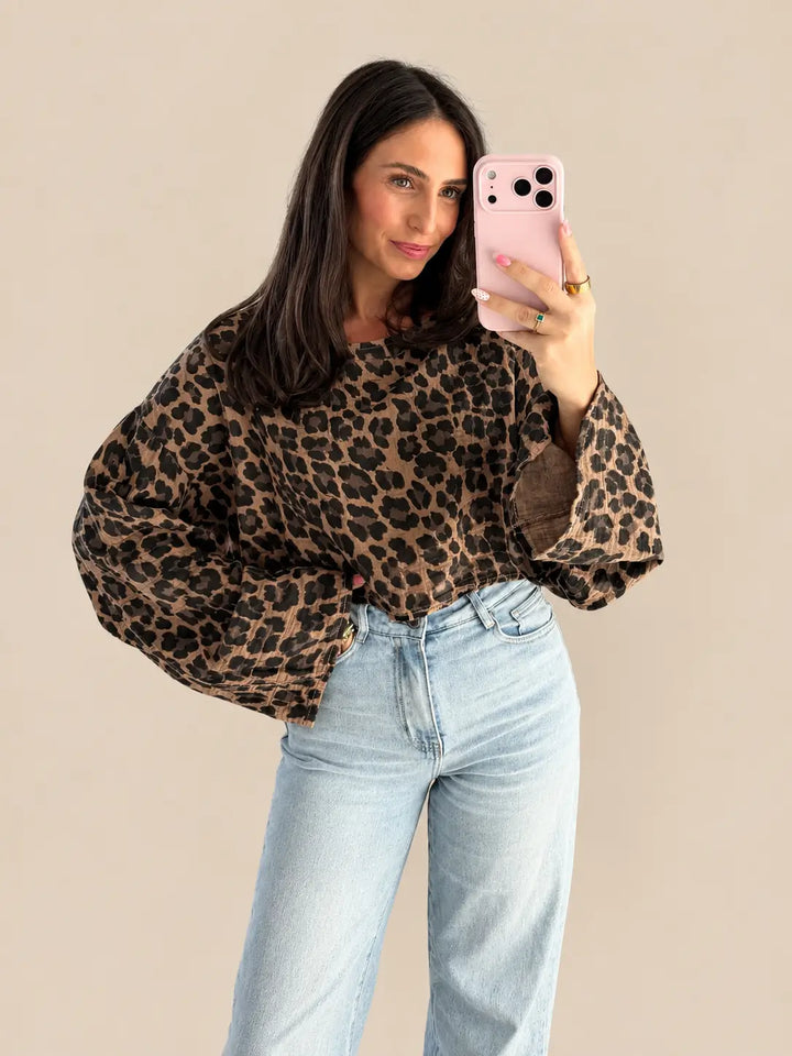 Women’s leopard print muslin long sleeve top in Brown | Lisa’s Boutique
