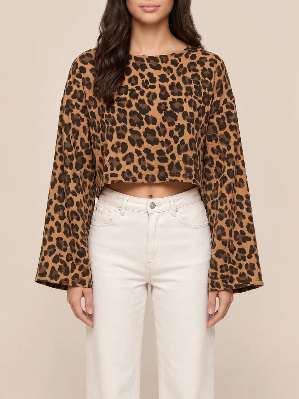 Mousseline top dames in Bruin met luipaardprint en lange mouwen, vooraanzicht | Lisa’s Boutique