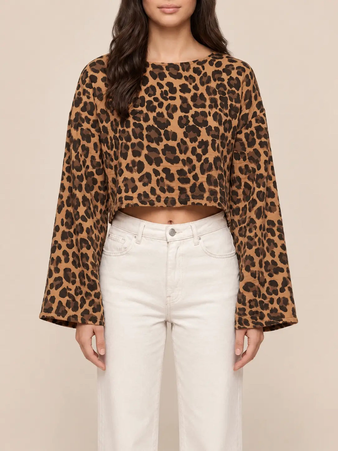 Women’s leopard print muslin long sleeve top in Brown, front view | Lisa’s Boutique