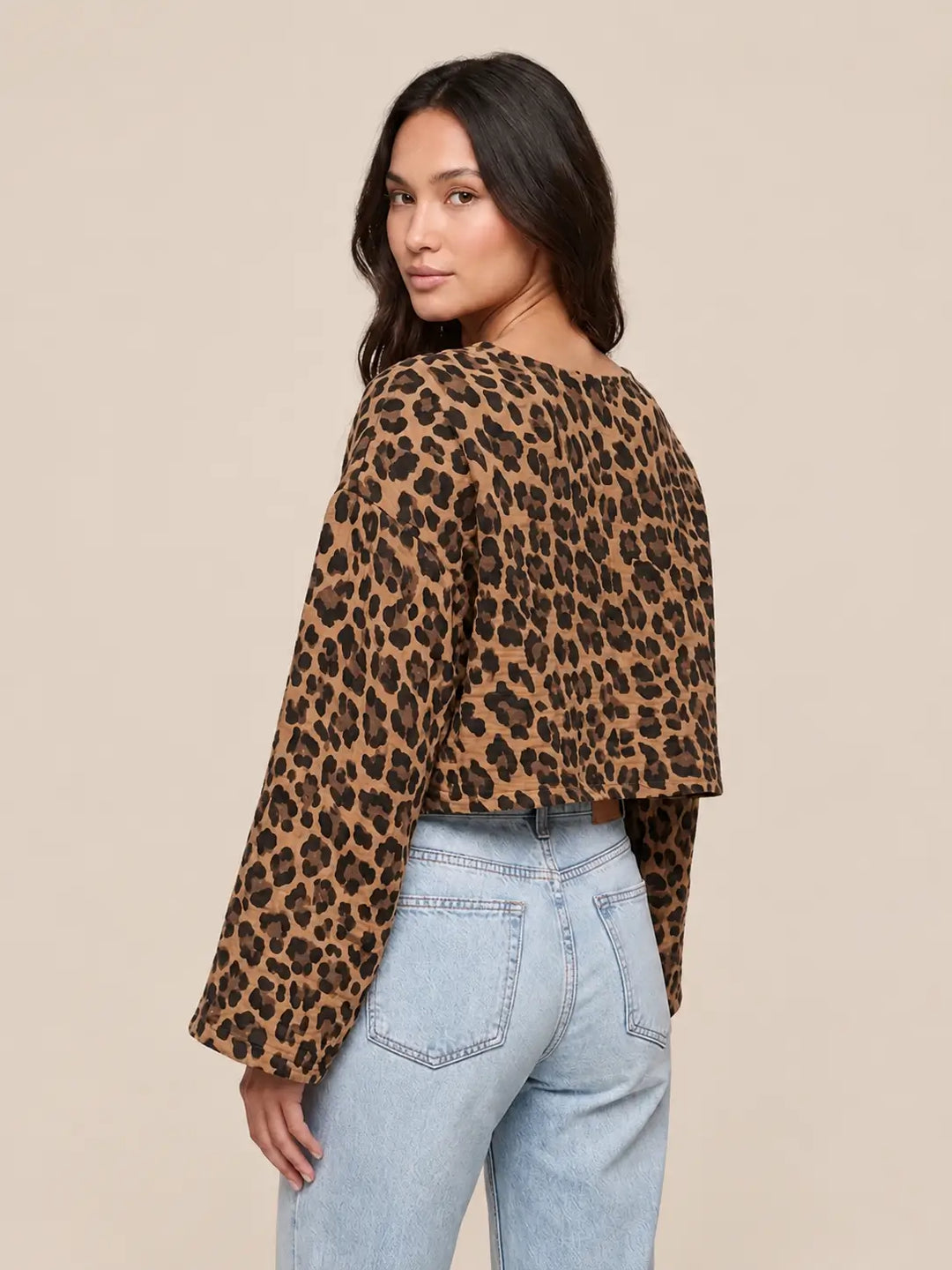 Women’s leopard print muslin long sleeve top in Brown, detail view | Lisa’s Boutique