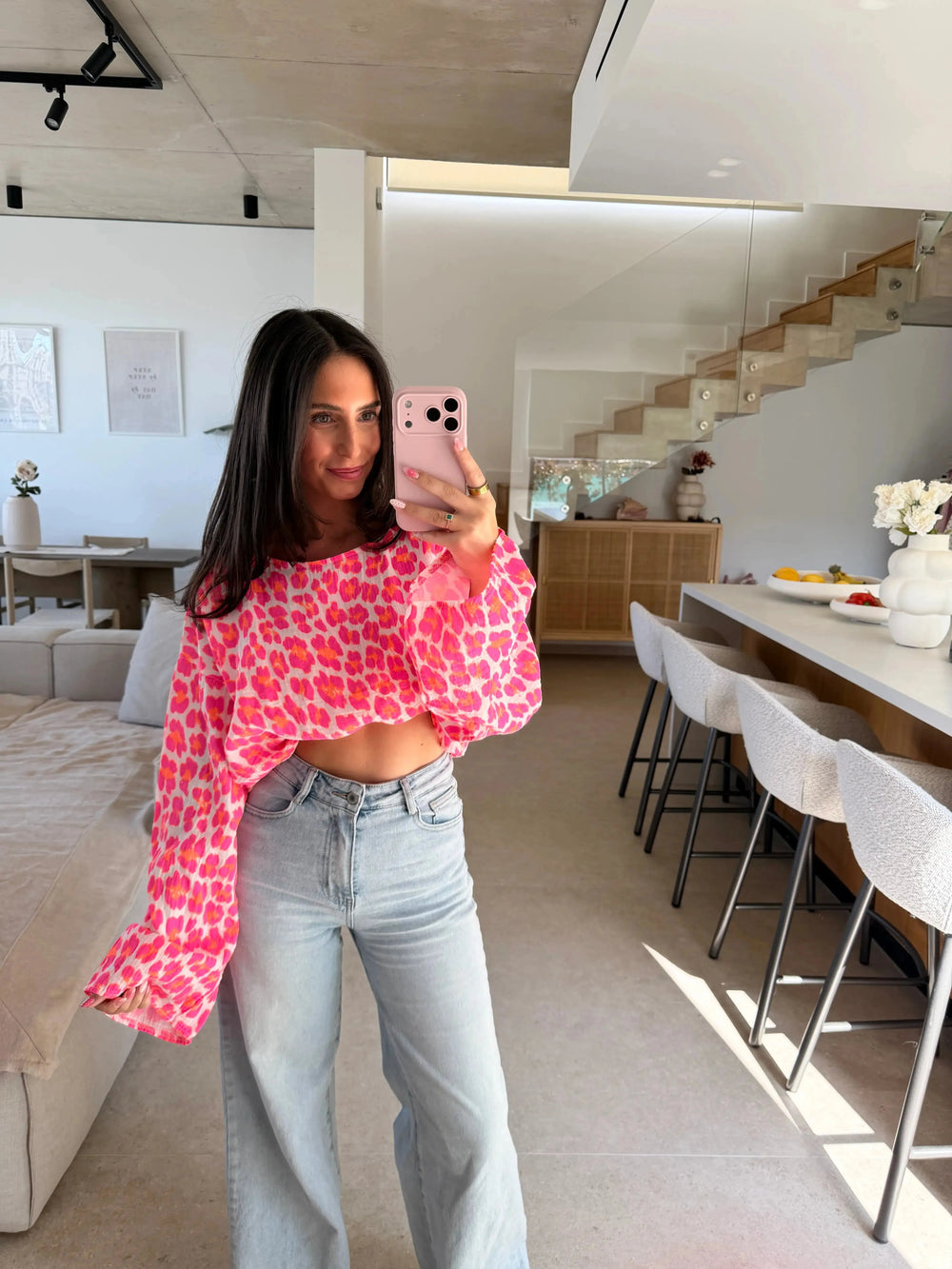 Leopard Muslin Long Sleeve Shirt – Pink – on a model | Lisa’s Boutique