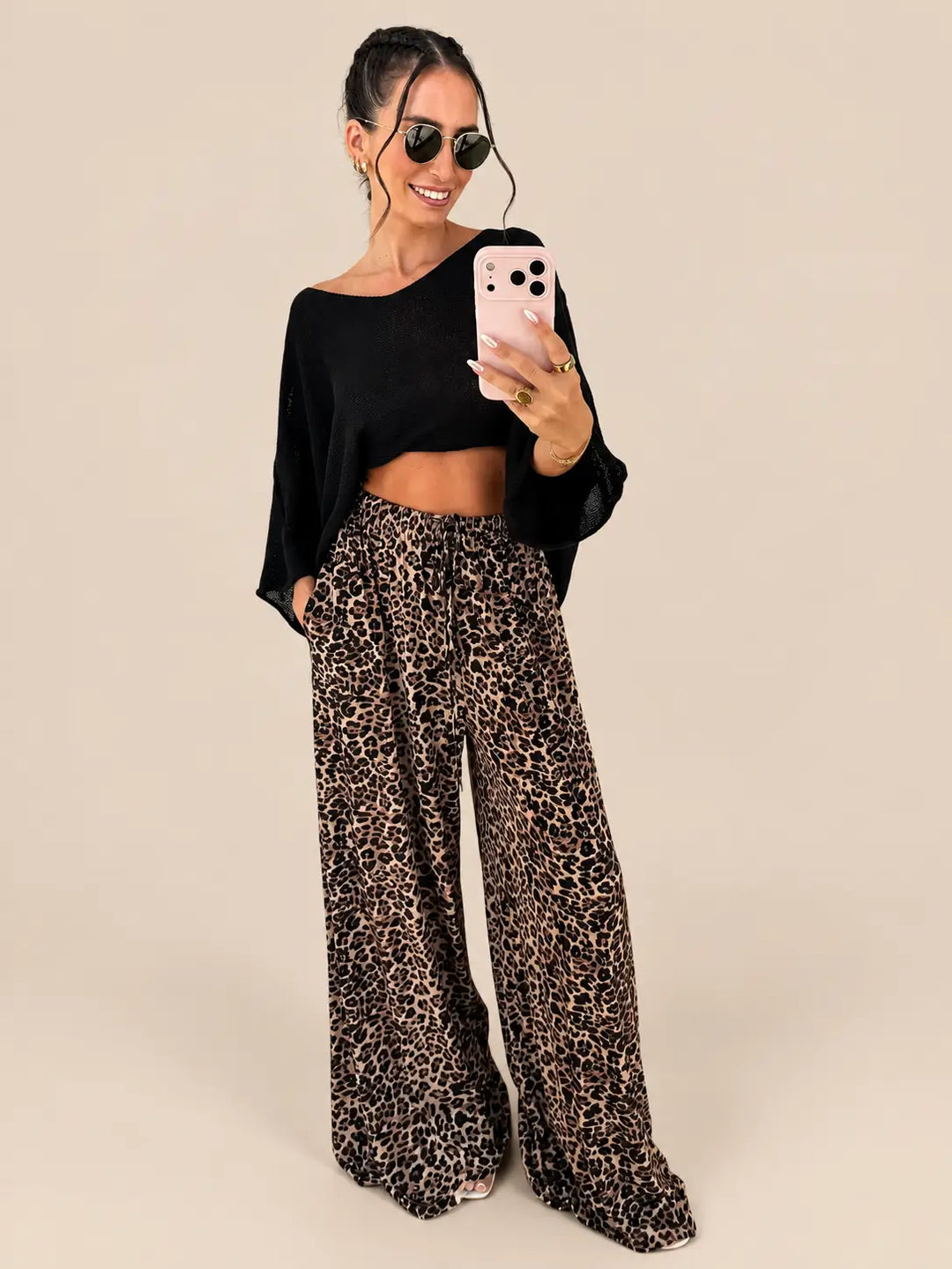 Jersey Stoffhose Damen in Braun/Beige mit Leoprint, weiter Beinschnitt | Lisa’s Boutique