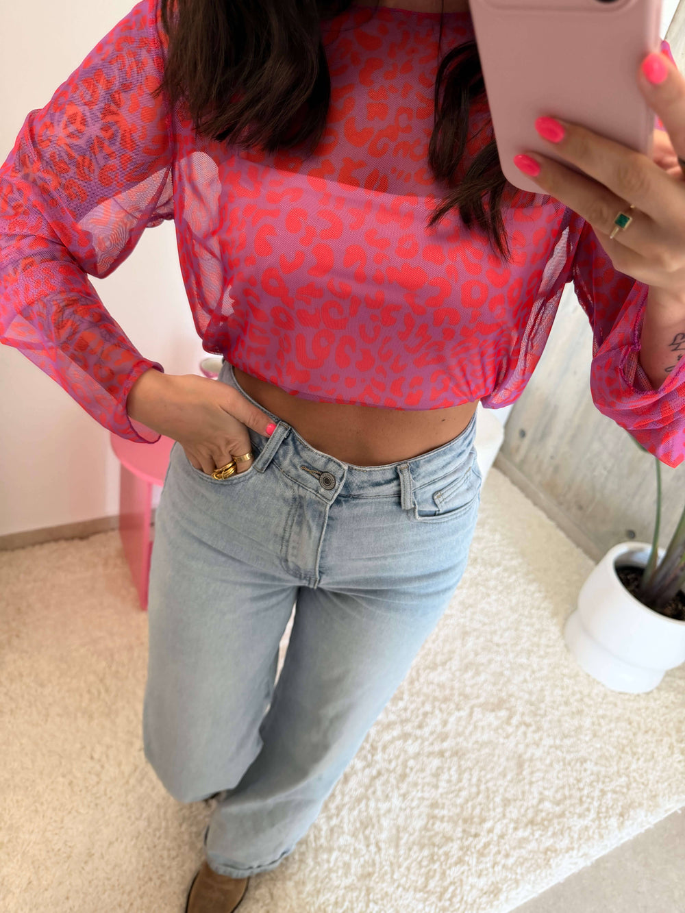 Leoprint Mesh Langarmshirt – Pink Langarm Lisas Boutique 