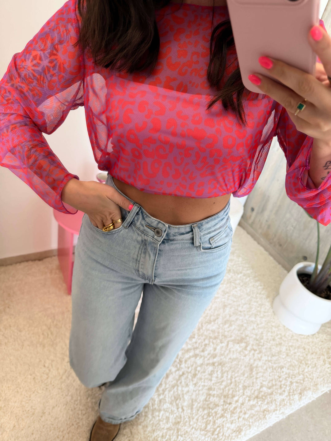 Leoprint Mesh Langarmshirt – Pink Langarm Lisas Boutique 