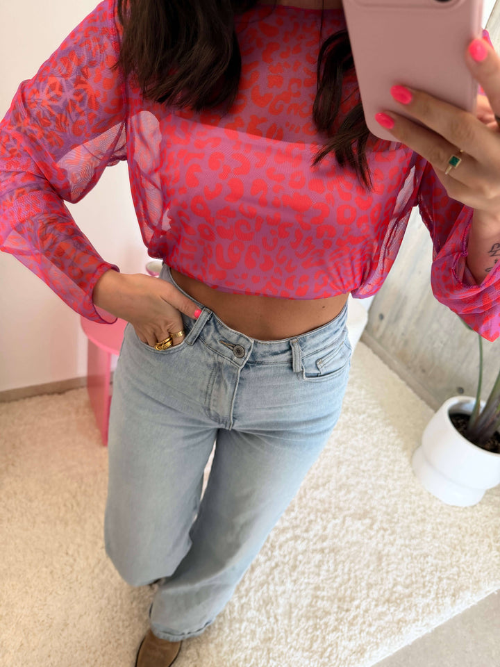 Leoprint Mesh Langarmshirt – Pink Langarm Lisas Boutique 