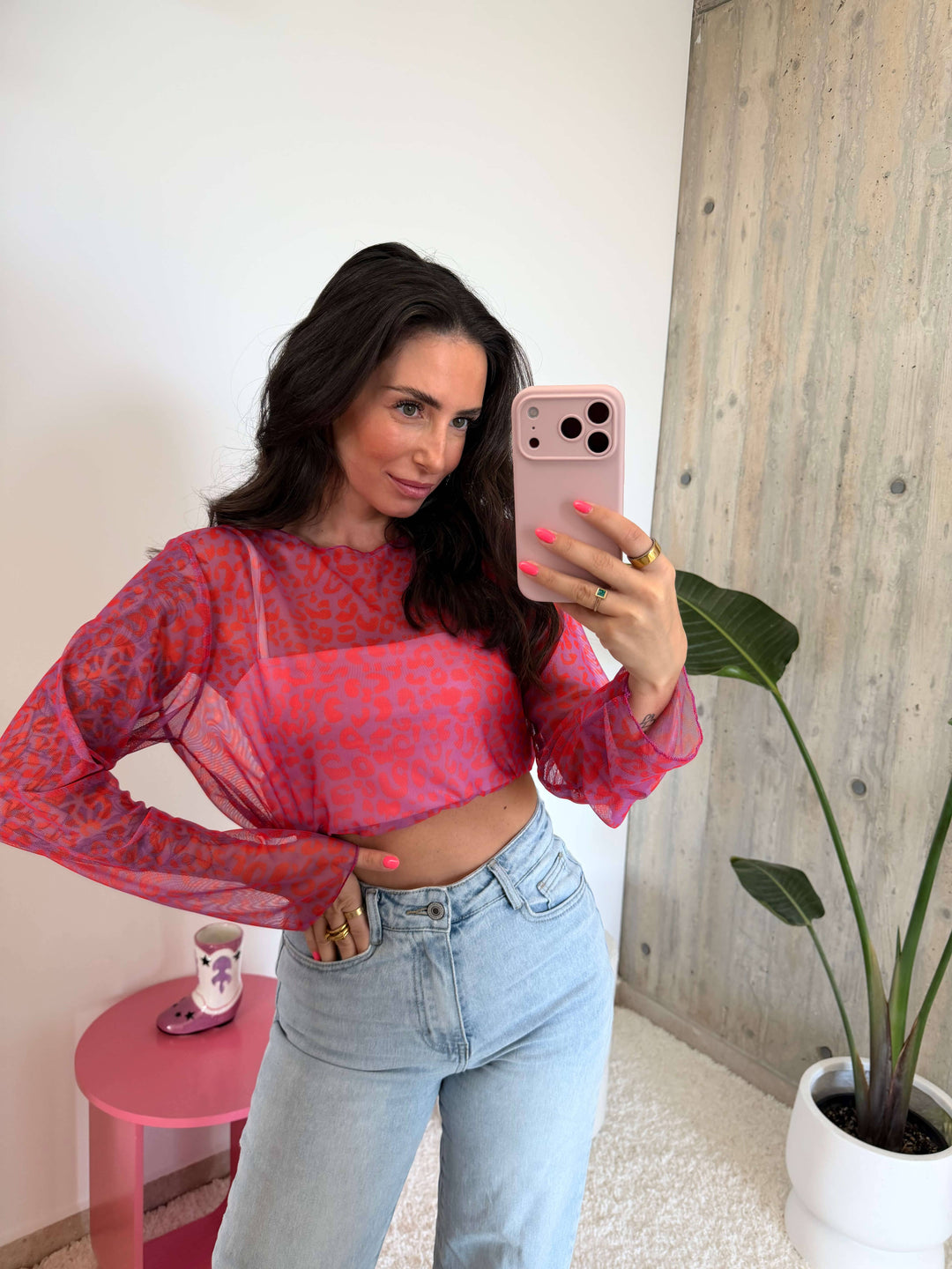 Leoprint Mesh Langarmshirt – Pink Langarm Lisas Boutique 