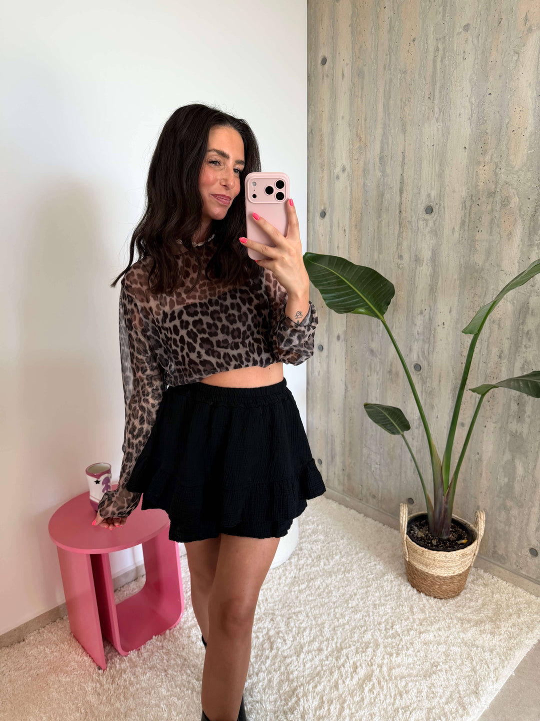 Leoprint Mesh Langarmshirt – Schwarz/ Beige Langarm Lisas Boutique 