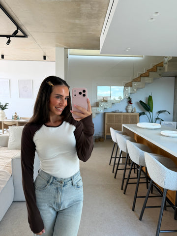 Colourblock Longsleeve Damen, Outfit-Ansicht 1, kombiniert mit Jeans | Lisa’s Boutique