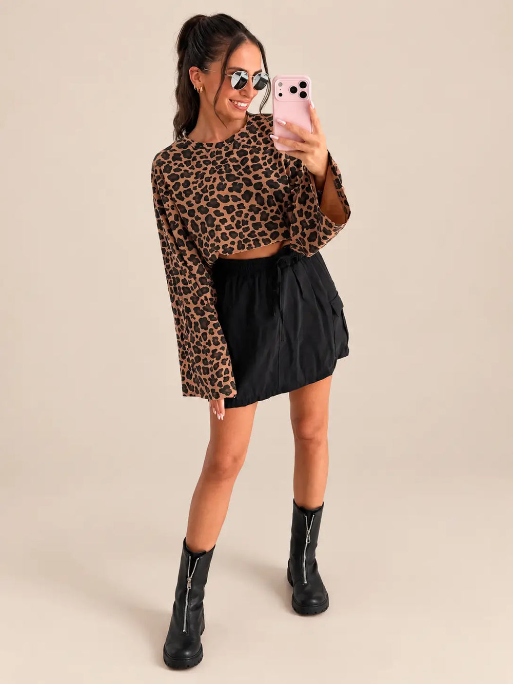 Women’s long sleeve top in espresso with leopard print | Lisa’s Boutique