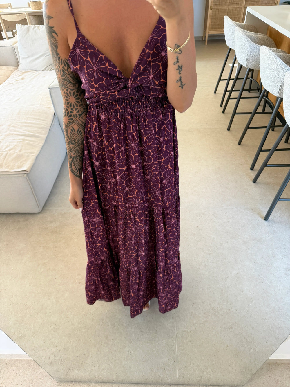 Maxikleid Damen in Burgunder mit Blumenmuster und gerafftem Bund | Lisa’s Boutique